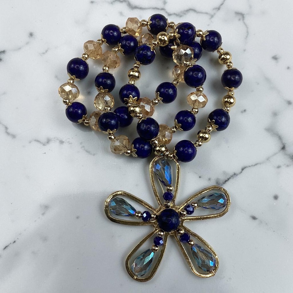 Handmade Mexican 3 Stretch Bracelets Lapis Lazuli Crystal Gold Flower Charm Blue